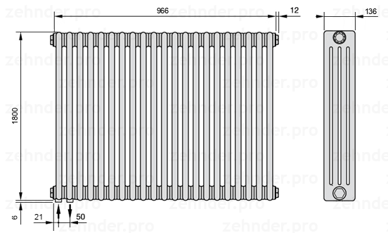 Схема (чертеж) Радиатор Zehnder Charleston 4180/21 №3370 Белый глянцевый RAL 9016